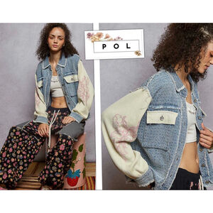 New POL Boho Coastal Cowgirl Embroidered Patchwork Denim Jacket size M NWT